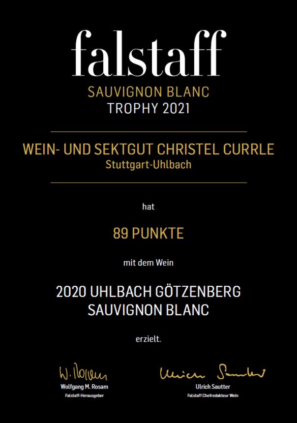 Urkunde Falstaff Trophy für den 2021 Sauvignon Blanc