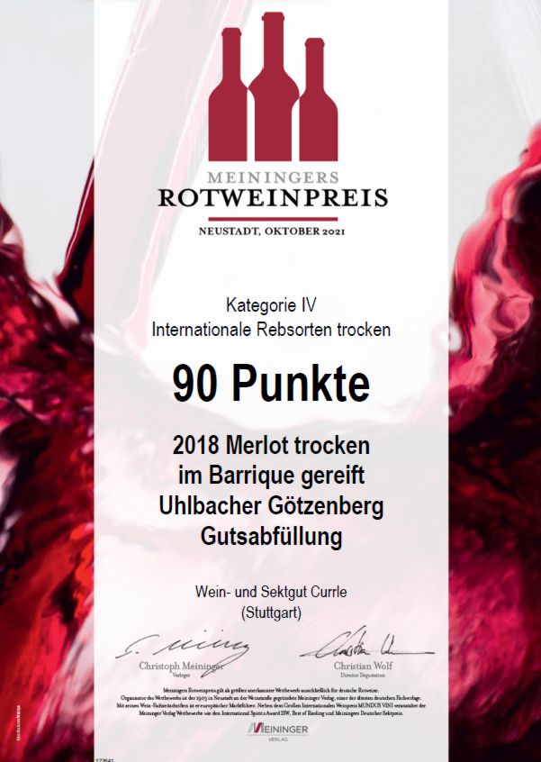 Urkunde Meininger Rotweinpreis für den 2018 Merlot trocken